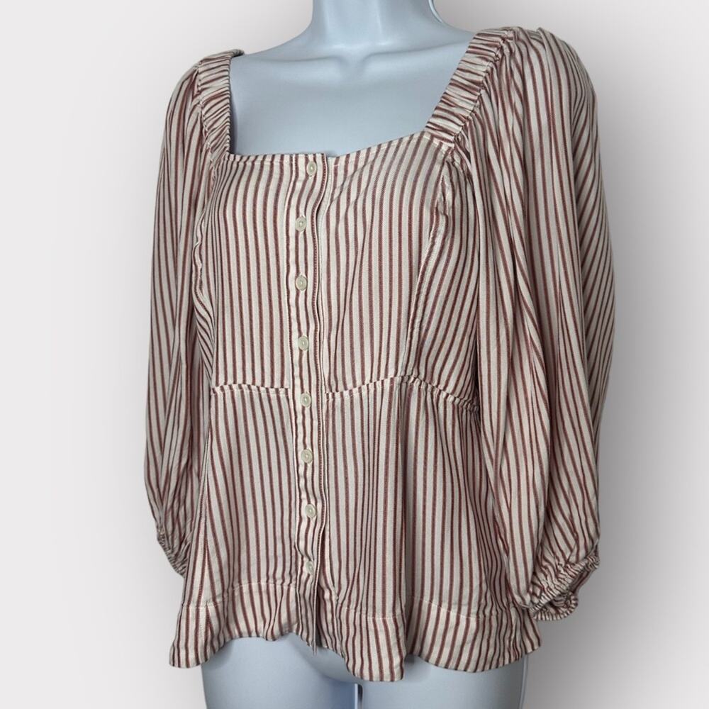 Cabi Carnival Top S Striped Bishop Sleeve Button Front Blouse Red White Blue